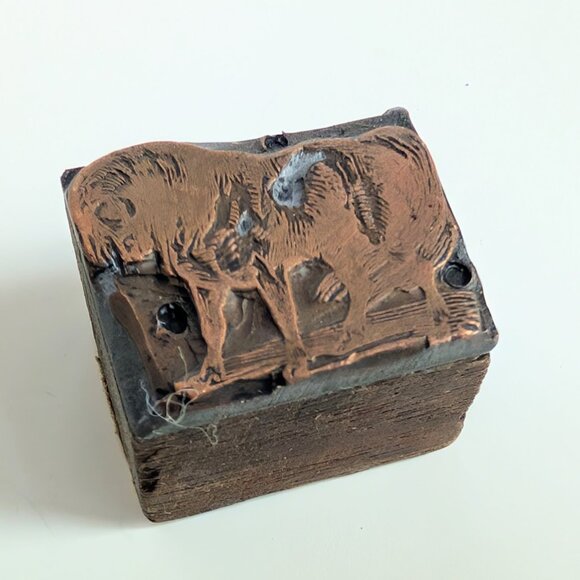 Lot of 3 Antique Copper & Wood Animals Letterpress Printers Blocks Horse Cow - Picture 4 of 9